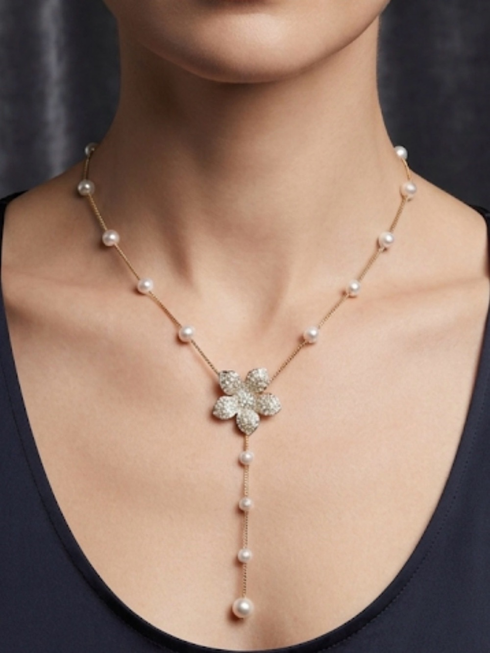 18k gold filled Dainty Gold-Tone Floral Pearl Y-Necklace | Delicate & Elegant